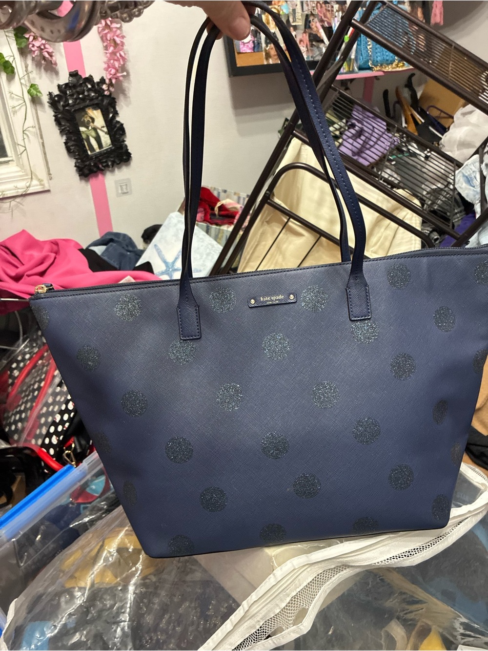 kate spade navy tote with glitter polka dots
